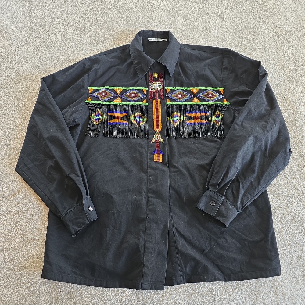 Vtg 90s Lew Magram Beaded Fringe Western Shirt Size 10 Festival Rodeo Boho-chic